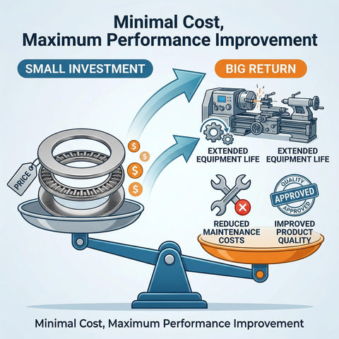 Illustration of Axial Thrust Needle Roller Bearing And Washer Set AXK3552 Plus 2AS balancing cost with lathe performance benefits.