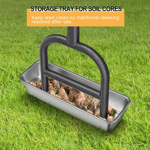 Manual Lawn Core Aerator With Stainless Steel Core Plugs And Storage Tray placed on grass with soil cores visible