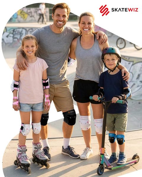 Family skateboarding with Protective Gear PROTECT 1; features Knee And Elbow Pads For Adults Pink White, Wrist Guards, Size L