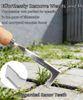 Crevice Weeding Tool With Serrated Tines, Stainless Steel Crack Weeder For Driveways, Sidewalks And Patio Cracks That Effortlessly Removes Weeds And Moss With An L Shaped Blade, hand holding blade in crack