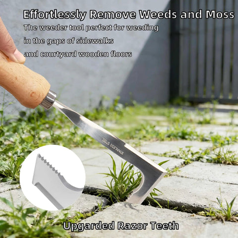 Crevice Weeding Tool With Serrated Tines, Stainless Steel Crack Weeder For Driveways, Sidewalks And Patio Cracks That Effortlessly Removes Weeds And Moss With An L Shaped Blade, hand holding blade in crack