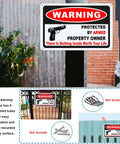 Kickass 3 Pack Gun Warning Signs For Home Security 10x7 Inch Rock Solid Rust Proof Aluminum Plaques mounted on gate