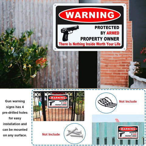 Kickass 3 Pack Gun Warning Signs For Home Security 10x7 Inch Rock Solid Rust Proof Aluminum Plaques mounted on gate