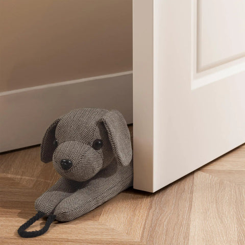 Heavy Duty Door Draft Stopper To Keep The Chill Outta Your Space Weighted Noise Blocker with a cute gray dog design