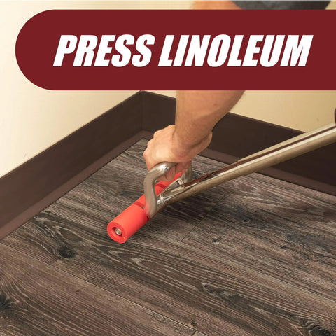 Person using Extendable Heavy Duty Floor And Wall Roller for Laminate LVP Veneer Linoleum Carpet Tile and Wall Coverings.