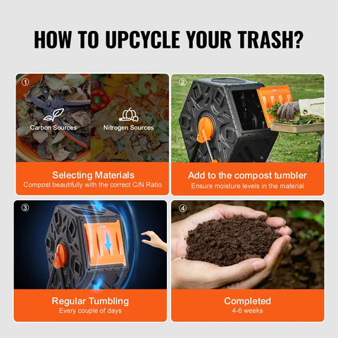 Step-by-step guide on using 18.5 Gallon Compost Tumbler With Sliding Door, Space Saving Single Chamber, Steel Frame, BPA Free Composter Bin For Garden, Kitchen, Yard And Outdoor Use All Weather