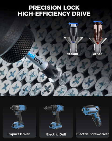 Toolant 40-piece impact driver bit set in S2 steel with color-coded magnetic tips, close-up view