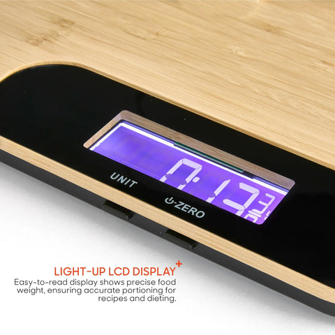 Close-up of bamboo cutting board with built-in digital scale for quick meal prep and precise weighing in grams and ounces 33 lb capacity