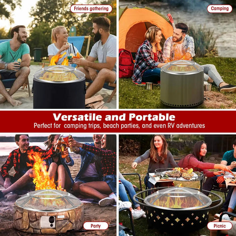 24 Inch Fire Pit Screen Cover With Handle And Poker, Stainless Steel Outdoor Round Mesh Lid used at gatherings