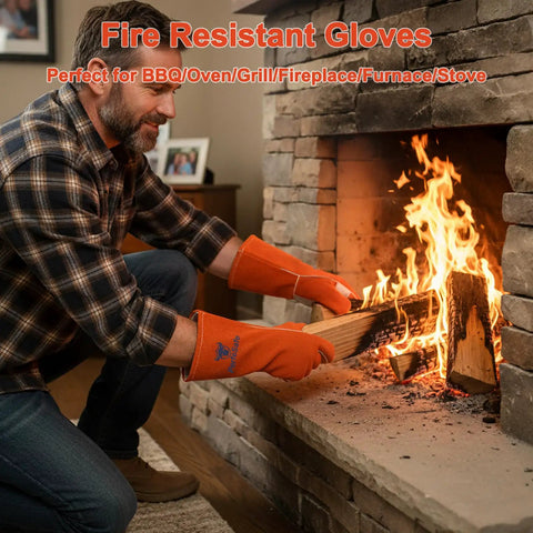 Man using 14 Inch 932F Heat Resistant Leather Welding Gloves For TIG MIG And Stick Welding, Heavy Duty Fireproof Mitts, Red, at fireplace.