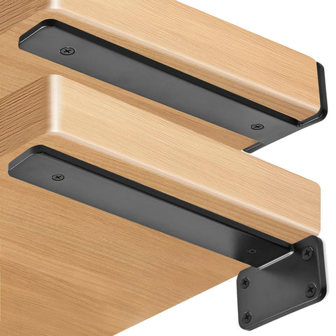 10 Inch Black Hidden L Shelf Brackets Set Of 12 Heavy Duty Iron Floating Shelf Brackets installed on wooden shelves