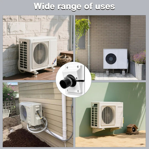 Weather Tough HVAC Wall Penetration Cover And Lineset Sleeve Kit snugly fitting 1 3/4 inch refrigerant lines on various exteriors.