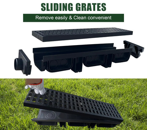 HDPE Channel Drain With Grates Two Pack 19.7x5.5x3.7 Inch Trench Drain System With Two Outlet Adapters For Outdoor Yard Pool Sidewalk Patio Fence Drainage