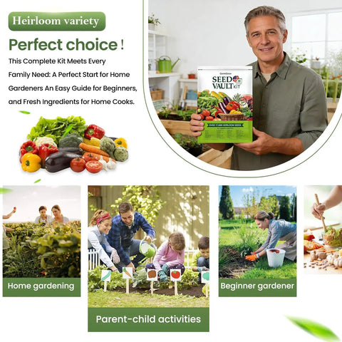 Man holding a Seed Vault Kit package with Survival Vegetable Seeds Vault Kit With 36 Heirloom Varieties And Over 17,600 Non GMO Seeds.