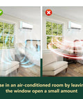 Image showing an air-conditioned room with open window: left side has airflow, right side does not. Text advises minimal window opening.