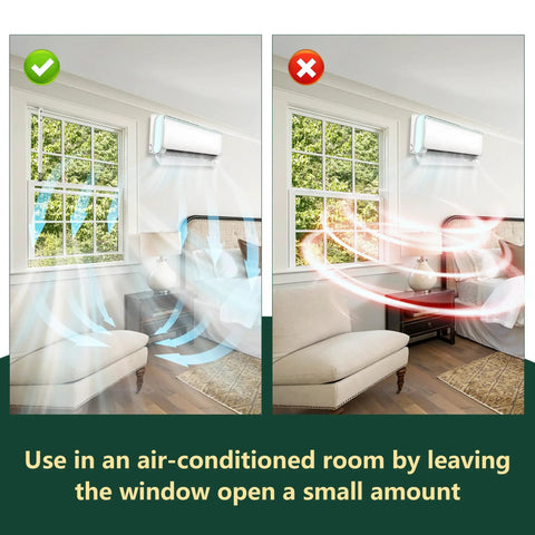 Image showing an air-conditioned room with open window: left side has airflow, right side does not. Text advises minimal window opening.