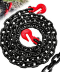 Beefy Three Eighths Inch By Ten Feet Log Chain With Hooks WLL 7100 Lbs Oiled Black Finish coiled with red hooks visible