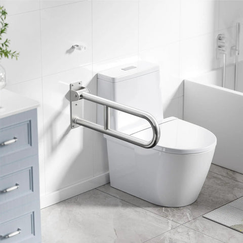 Heavy Duty Toilet Grab Bar Flip Up Folding Safety Handrail For Bathroom Wall Mount 304 Stainless Steel in bathroom by toilet.