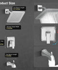 Dimensions and features of High Pressure 8 Inch Rain Shower Head Tub Spout Shower Faucet Set With Single Handle Valve Included.