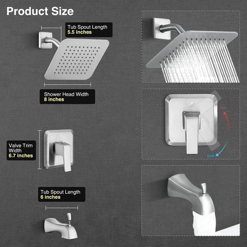 Dimensions and features of High Pressure 8 Inch Rain Shower Head Tub Spout Shower Faucet Set With Single Handle Valve Included.