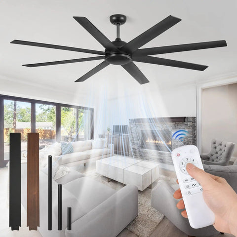 72 Inch Black Ceiling Fan No Light With Remote, 6 Speeds, Quiet Reversible DC Motor, installed in a living room