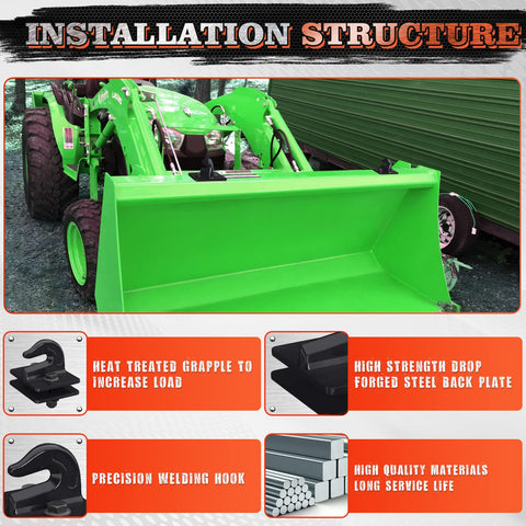 Heavy Duty Grade 70 3/8 Inch Bolt On Tractor Bucket Grab Hook With Backer Plate, Galvanized And Powder Coated, Tow Ready Up To 15,000 Lbs, Drop Forged Steel, 2 Pack, Black installation structure on green tractor bucket