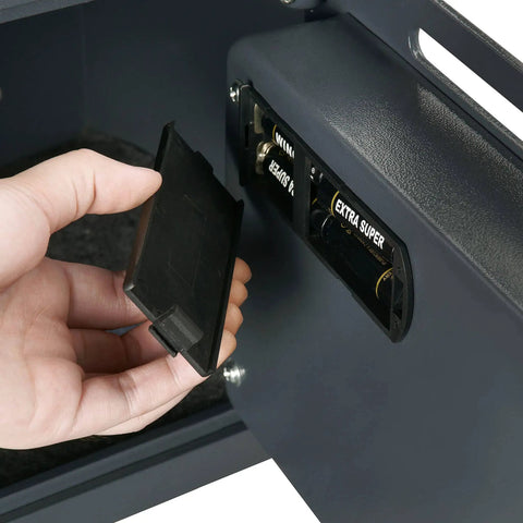 Inside view of Digital Drop Safe Money Drop Box With Front Deposit Slot, Steel Security Safe With LED Keypad showing battery compartment.