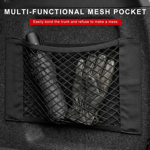 Multi-functional mesh pocket with gloves and bottle inside, part of Four Pack Elastic Cargo Nets For Car SUV Truck RV Boat Stretchable Mesh Storage Pouches Trunk Organizer With Tape Stickers Durable Heavy Duty Car Accessories Keeps Gear Secure And Neat During Travel. Black elastic mesh holds items securely against vehicle trunk panel.