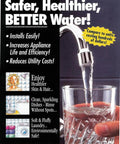 Person filling glass with water from faucet next to text about Salt Free Magnetic Water Conditioner And Softener For Hard Water Descaler