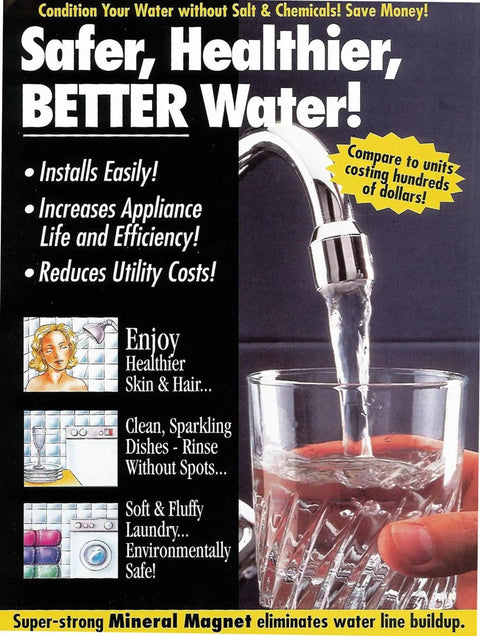 Person filling glass with water from faucet next to text about Salt Free Magnetic Water Conditioner And Softener For Hard Water Descaler