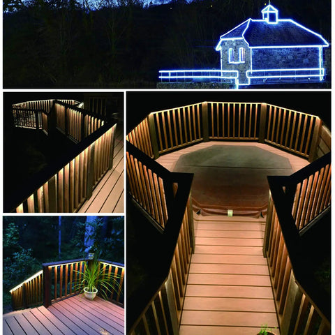 33ft Flat Flexible LED Rope Lights with Remote Control Color Changing RGB Strip 8 Colors and Modes Dimmable Waterproof Plug In Lights for Indoor Outdoor Use Connectable Decor for Home Kitchen Patio and Party Vibes lighting up outdoor deck and house at night.