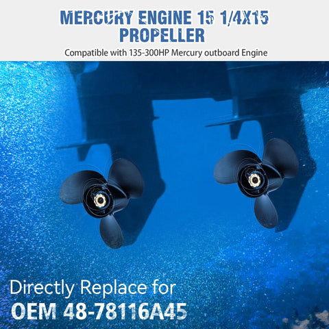 Beefed Up 15 1 Quarter X 15 Boat Propeller 3 Blade RH Spline 15 For Mercruiser Alpha One Mercury Outboard 135 To 300 HP OEM 48-78116A45 Hub Kit Included Aluminum Vacuum Cast shown underwater installation