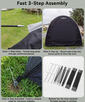 High Clearance Bike Storage Tent Shelter assembly steps with poles, tent frame in a garden setting.