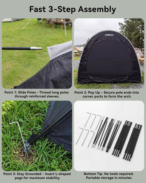 High Clearance Bike Storage Tent Shelter assembly steps with poles, tent frame in a garden setting.