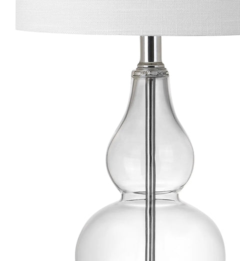 Close-up of Clear Glass Table Lamp 20.5 Inches With White Linen Shade Sleek Modern Gourd Design, featuring chrome accents.