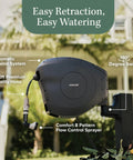 Classic Charcoal 100ft Automatic Retractable Garden Hose Reel with labels showing features like swivel and rewind system.