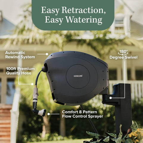 Classic Charcoal 100ft Automatic Retractable Garden Hose Reel with labels showing features like swivel and rewind system.
