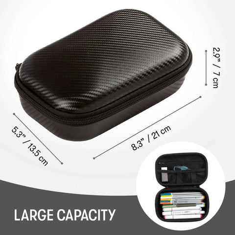 Dope Black Carbon Pencil Case With Hella Spacious Tech Stash And Badass Anti Scratch Shell, showing dimensions and open storage for pens.