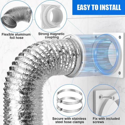 Magnetic Dryer Vent Connection Kit with Self Aligning Airtight Seal and Hands Free Quick Connect Disconnect showing components.