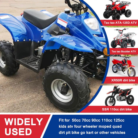 Blue ATV with Tao Tao ATA-125D model, showcasing dirt bike gas fuel line hose and inline filter kit for 50cc to 250cc dirt bikes and ATVs