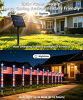 Daytime and nighttime view of Patriotic Solar Pathway Lights Eight Pack With Red White Blue LEDs illuminating a yard.