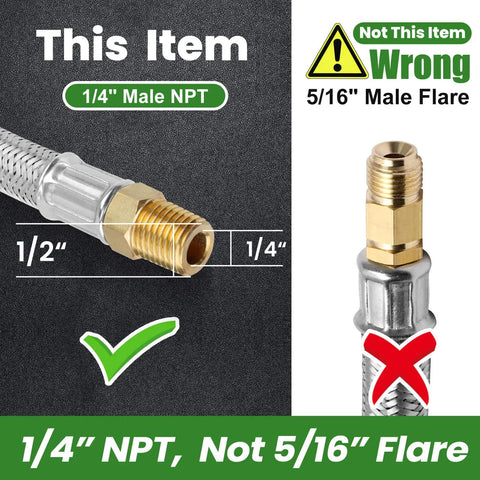 15 Inch RV Propane Hose With Gauge Stainless Steel Braided Camper Gas Hose 2 Pack One Quarter NPT Male To QCC1 Quick Connect shown