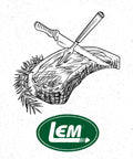 Illustration of meat with knife, LEM logo, related to 16 Inch Meat Saw With Tightening Cam, Nickel Plated Frame, Pro Grade Butcher Tool