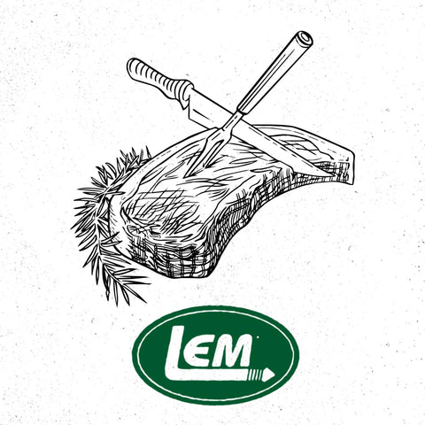 Illustration of meat with knife, LEM logo, related to 16 Inch Meat Saw With Tightening Cam, Nickel Plated Frame, Pro Grade Butcher Tool