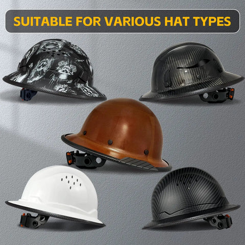 Various hard hats with Black Brim Edge Protector Strip For Hard Hats, Pro Grade Hard Hat Accessory, 37.4 Inch Brim Cover.