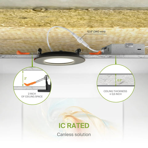 Slim 3 Inch LED Recessed Light Kit With Easy Install And 5 Color Temperatures 2700K 3000K 3500K 4000K 5000K Dimmable Canless Wafer Downlight With J Box Ultra Thin Round Panel Lighting UL Energy Star 6 Pack installed in ceiling showing dimensions