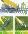 15 Inch Dethatching Rake For Lawn With Dual Edge Steel Head shown detaching grass and removing thatch on lawn surface