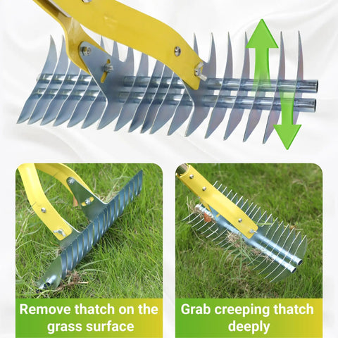 15 Inch Dethatching Rake For Lawn With Dual Edge Steel Head shown detaching grass and removing thatch on lawn surface