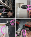 Collage showing 149 Piece Home Tool Set With 12V Pink Cordless Drill LED Light And Tool Box For Women And Men DIY Enthusiasts in use
