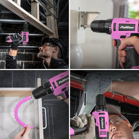 Collage showing 149 Piece Home Tool Set With 12V Pink Cordless Drill LED Light And Tool Box For Women And Men DIY Enthusiasts in use
